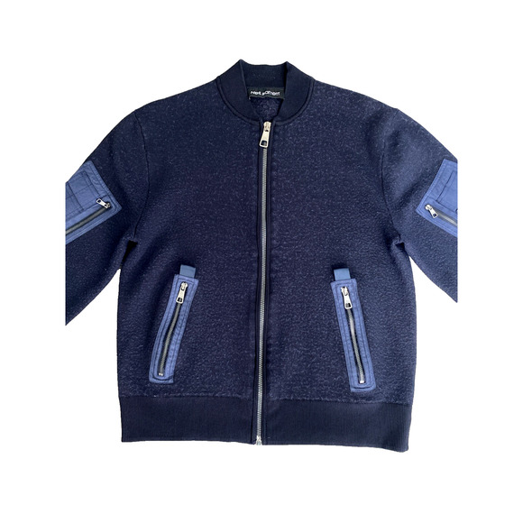 NEIL BARRETT Knit Bomber Jacket Navy Zip Front Pockets Slim Fit Long Sleeve XL - Picture 4 of 11